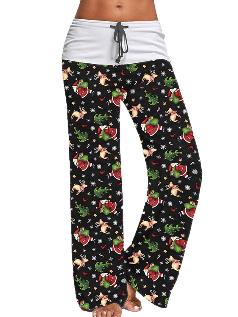 iChunhua Women's Christmas Print Elk Pajama Pants Drawstring High Waist Wide Leg Yoga Sport Pants(Xmas Black 1,Large) - Image 1